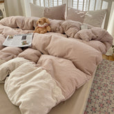 Sophia Gingham Lace Washed Cotton Bedding Set - Brown